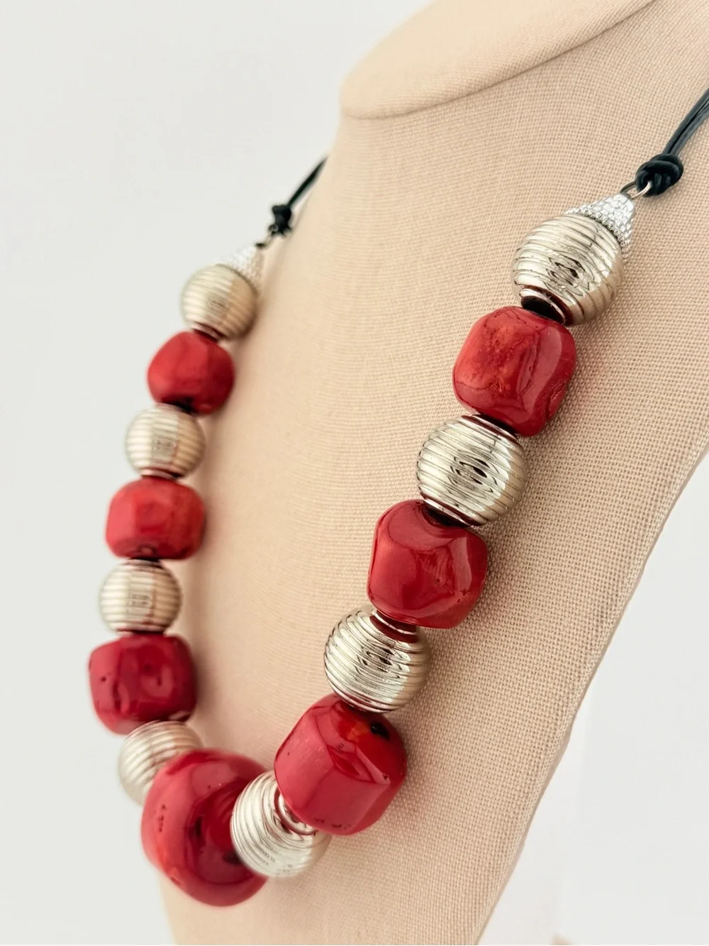 Chunky Red Coral & Silver Statement Necklace